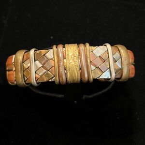 Geometric Metals & Brown Leather Bracelet